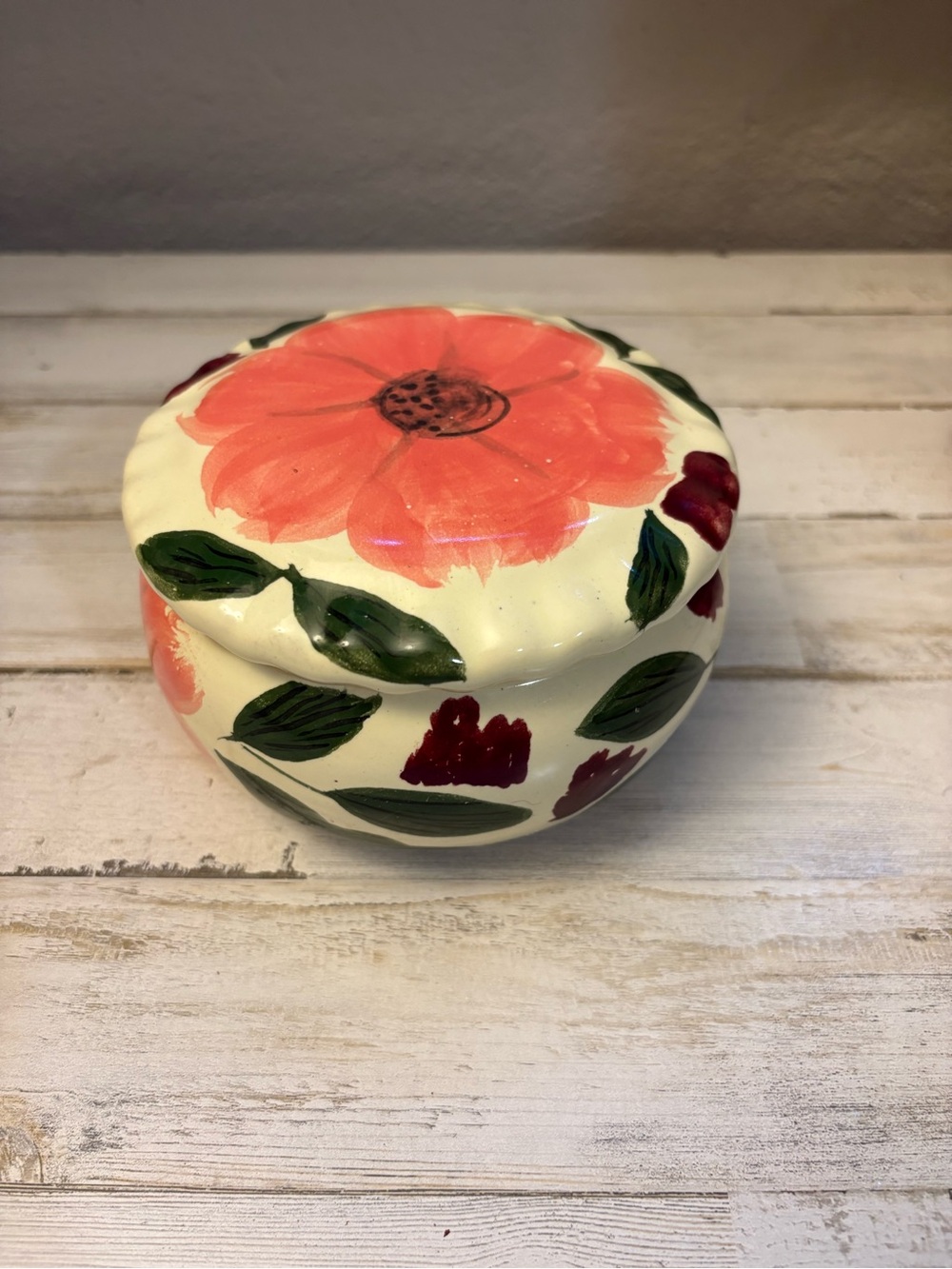 Cream Ceramic Trinket Box with Coral Floral Lid Horchata made in Mexico